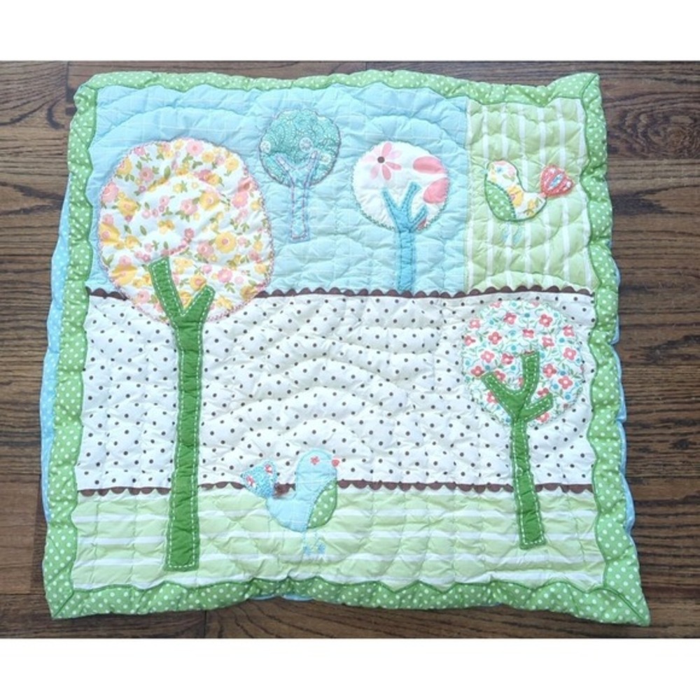 Pottery Barn Kids Brooke Euro Sham 25×25" Quilted Patchwork Birds Trees Colorful